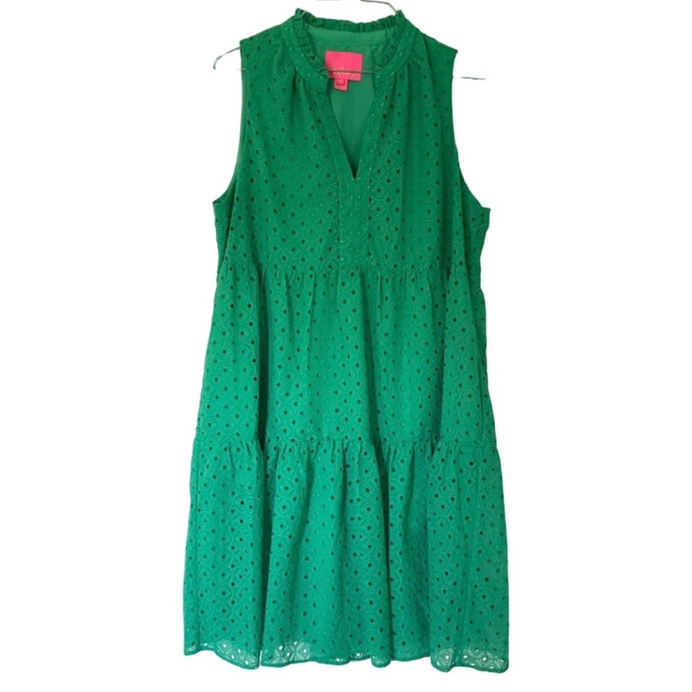 Lily Pulitzer Novella Eyelet Sleeveless Tiered Solid Agave Green Swing Dress